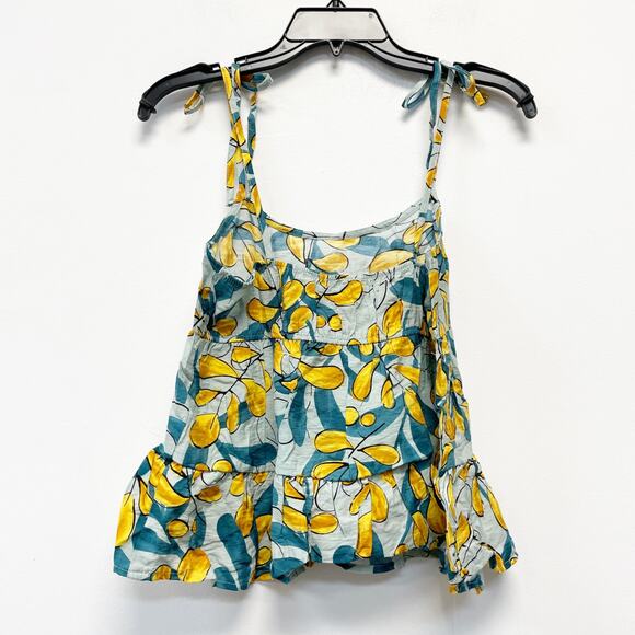 Mine for Anthropologie Blue Yellow Leaf Print Tiered Baby Doll Style Tank Size L - Picture 5 of 5